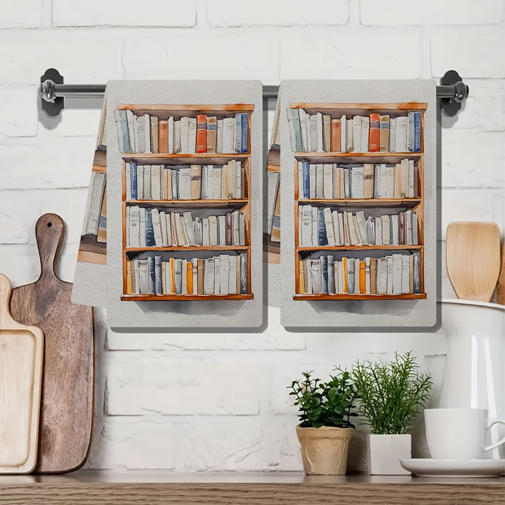 Two pieces of ultra soft kitchen towels featuring a minimalist bookshelf design. These highly absorbent and machine washable dish hand towels are perfect for contemporary coastal decor. Each towel measures 40.64x60.96 cm.