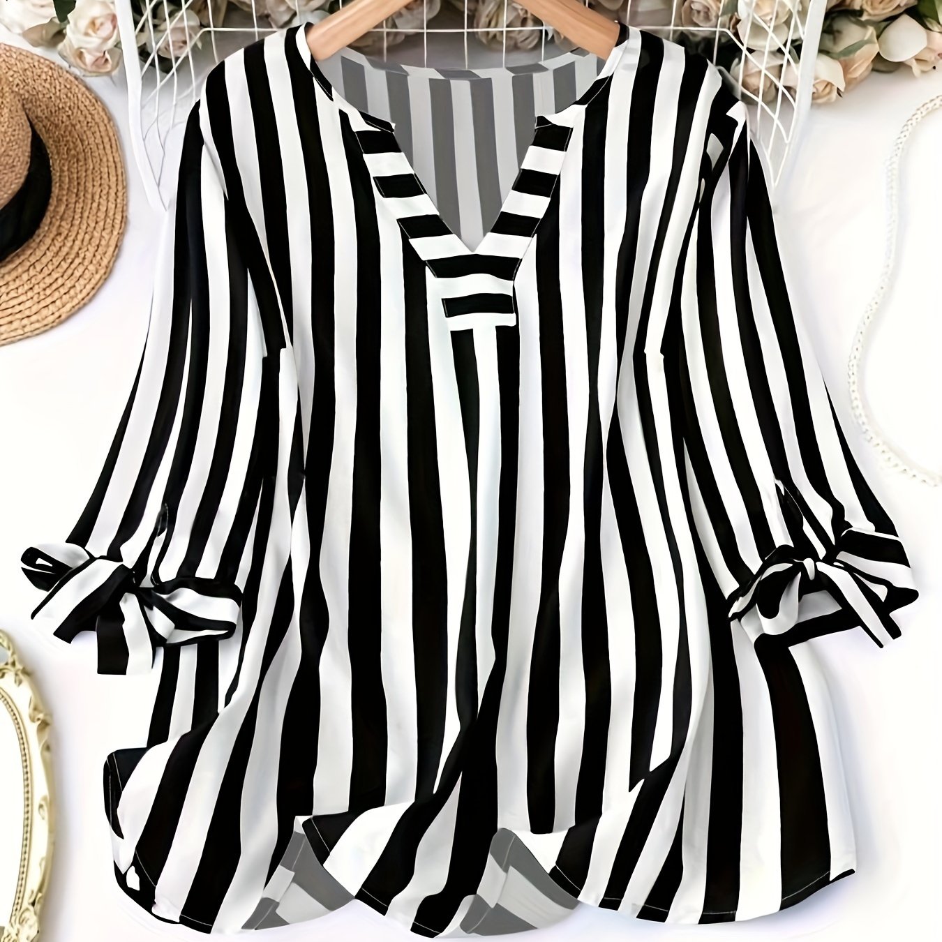 Striped V-neck Blouse with Lace Up Cuff, Women's Top for Spring & Fall