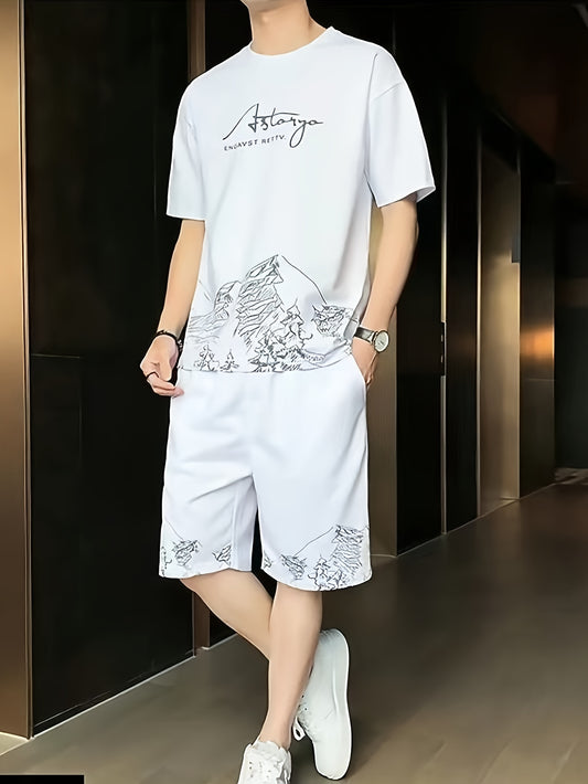 Men's casual 2-piece set: short sleeve t-shirt and drawstring shorts made of breathable polyester, perfect for summer fashion.