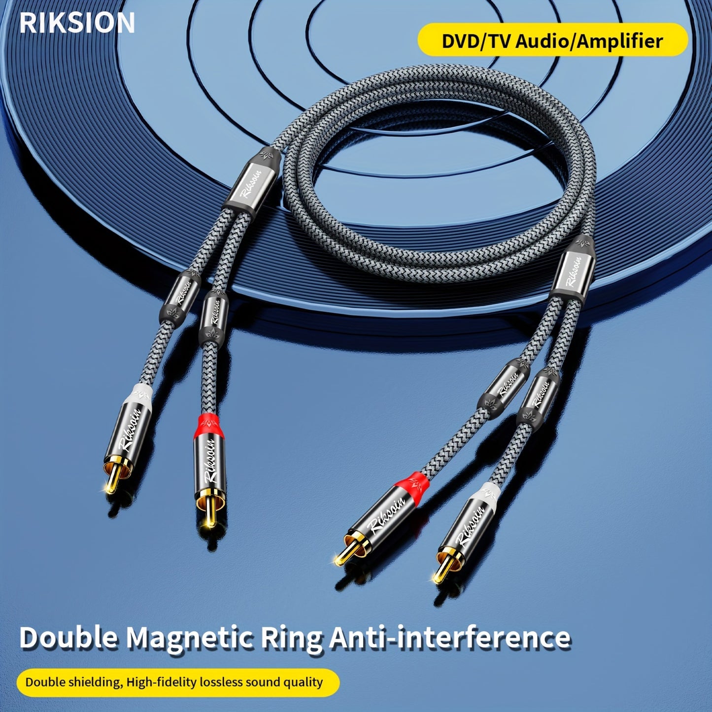 RIKSOIN High-Fidelity Audio Cable with Double Magnetic Rings: 2RCA Male to 2RCA Male Stereo Audio Cable for Home Theater, HD TV, Amplifiers, Hi-Fi Systems, Speakers, with Anti-Interference