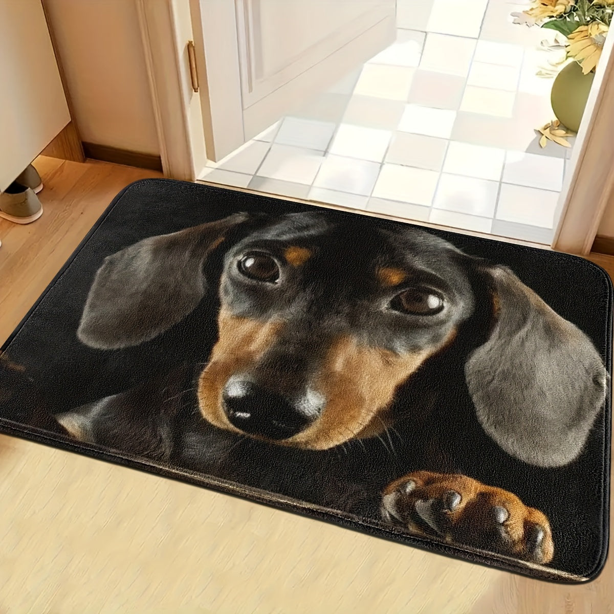 Machine washable, soft and absorbent Black Dachshund Dog Print Door Mat with non-slip backing for home entrances.