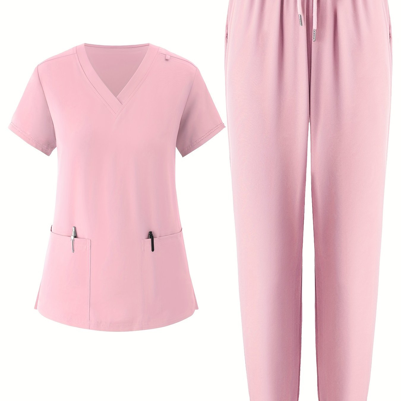 Women's V-Neck Scrub Set, 95% Polyester, 5% Elastane, Solid Color, Breathable with Pockets, All-Season Workwear