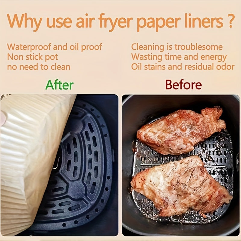 100 square parchment liners designed specifically for air fryers that measure 22.86 cm, ideal for 5 to 8 quart air fryers. These liners feature a non-stick and waterproof design.