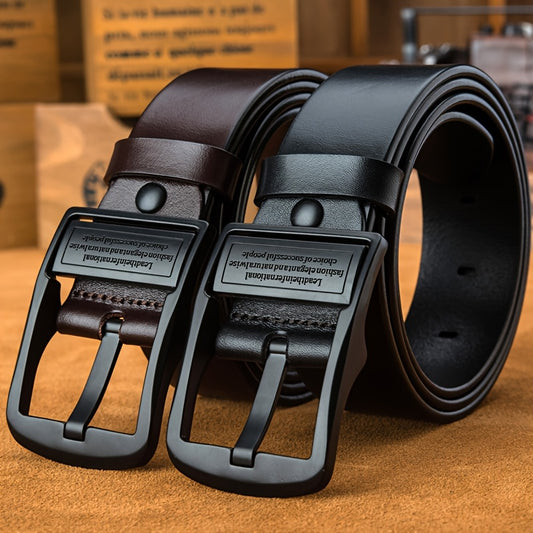 High-quality faux leather belt with pin buckle for men, versatile vintage style.