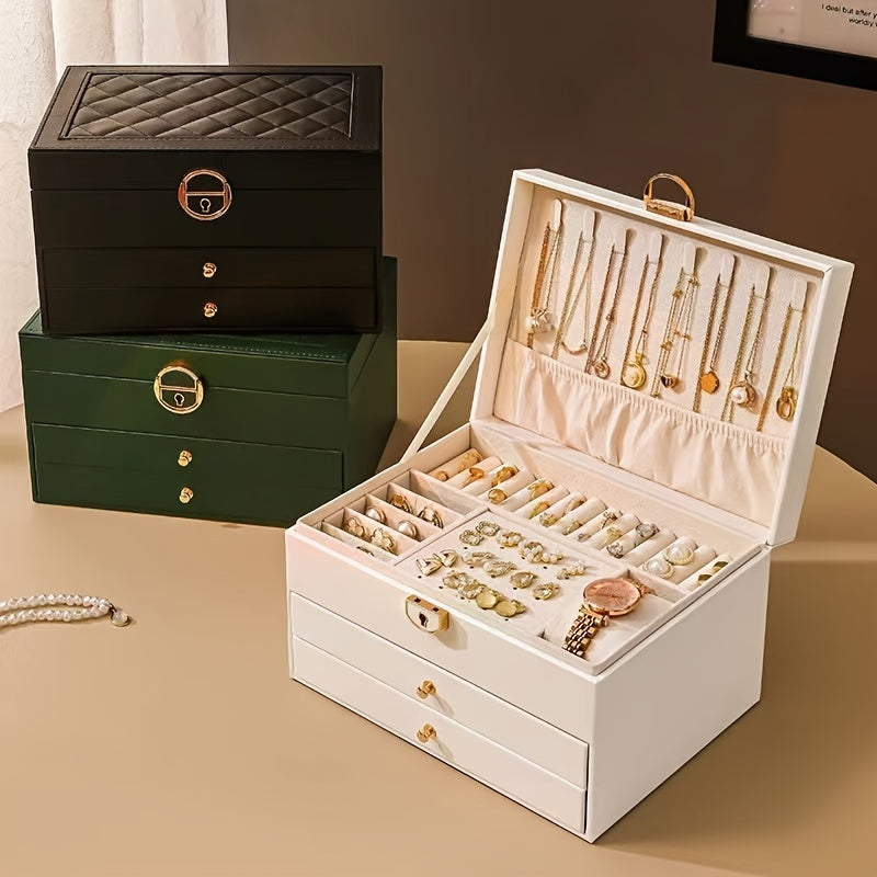 Luxurious leather jewelry box with multiple layers for storing necklaces, earrings, bracelets, watches, and rings; ideal gift for Valentine's Day, Mother's Day, or to give to a girlfriend or partner.