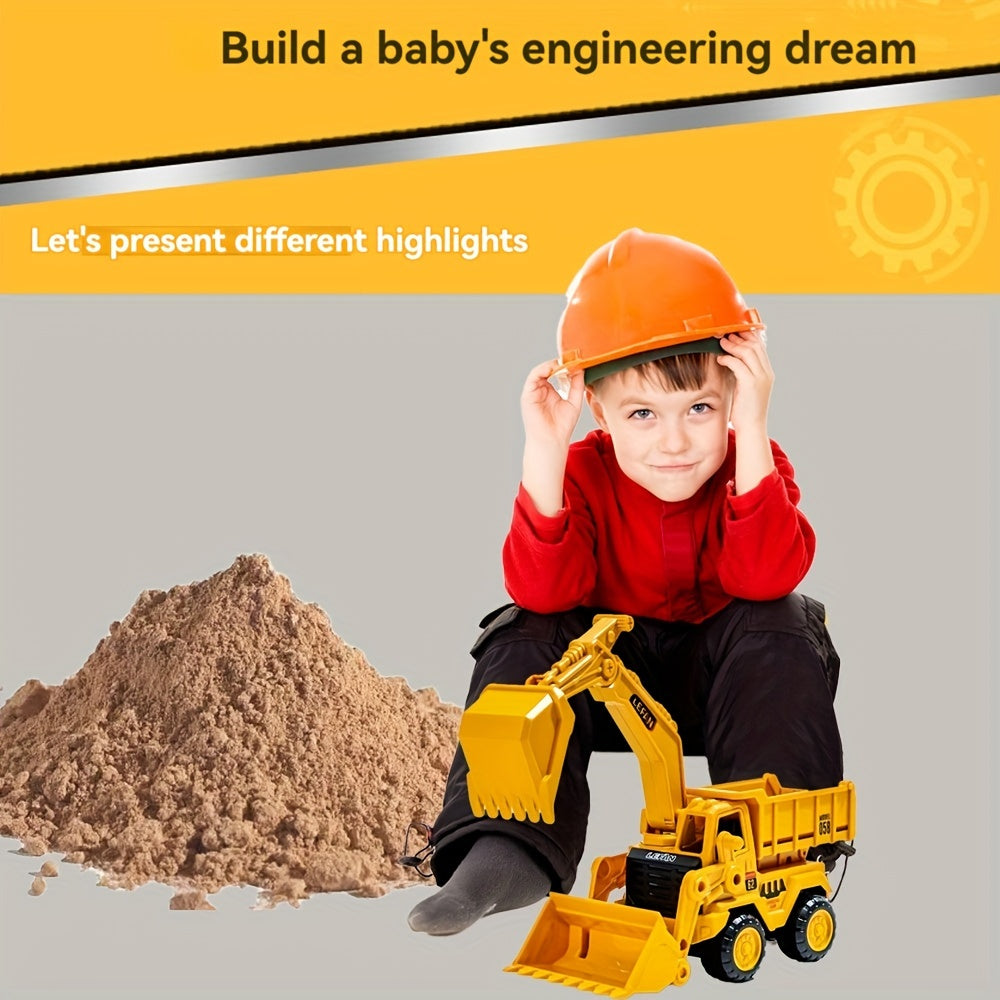 A versatile construction playset featuring an excavator, pusher, and tipper - perfect for young ones. Made from durable plastic and produced in China, this makes an ideal gift.