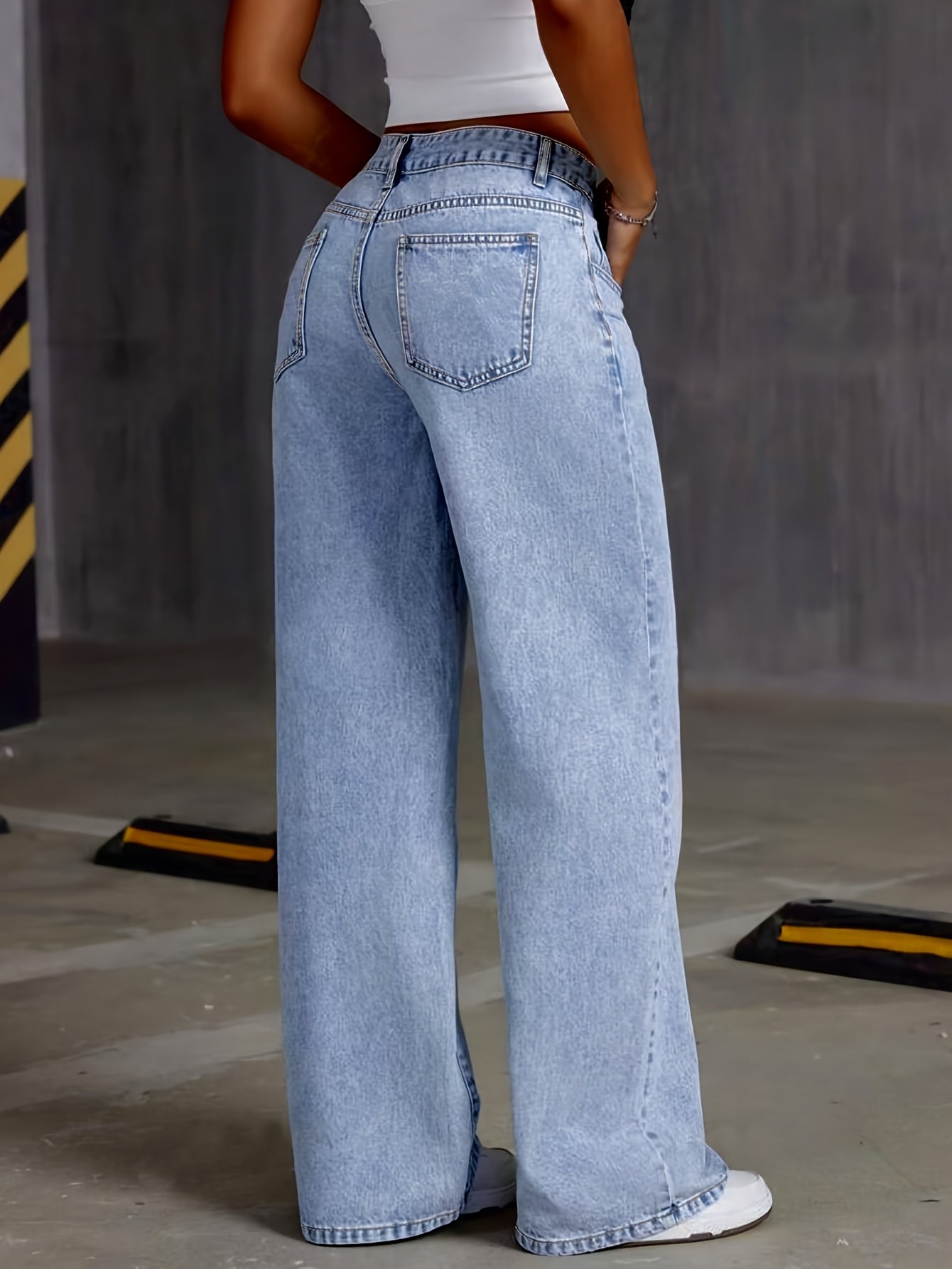 Women's high waist wide leg jeans with button fly, all-season solid color, slight stretch fabric. Made of 70% cotton, 27% polyester, 2% spandex. Features long length and washed finish.