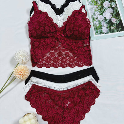 Sexy maroon lingerie set includes bra and matching panties with floral lace design and intricate pattern. Nylon/elastane blend, machine washable. Ideal for teens and special occasions.