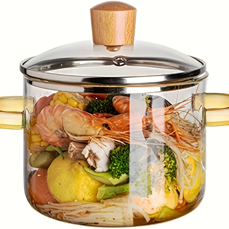 [Top Pick] 1.5 Liter/52 Ounce Borosilicate Glass Soup Pot with Yellow Handle - High Heat Resistant Clear Cooking Pot with Lid - Ideal for Use on Stove and in Oven