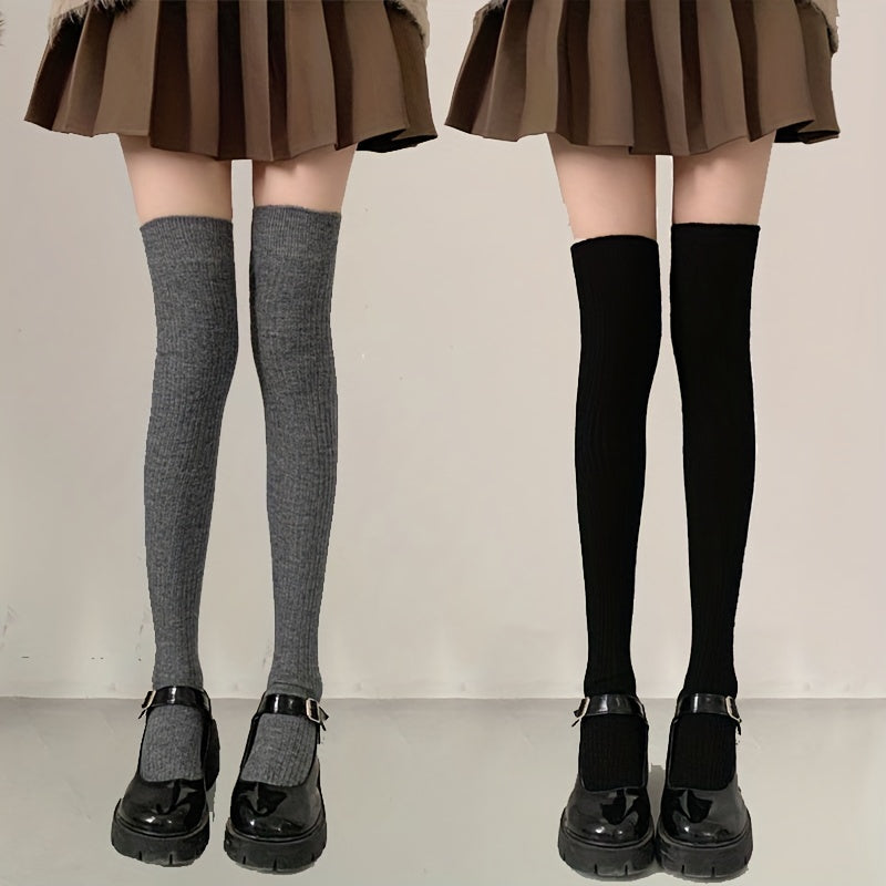 Autumn/Winter Long Stockings for Women in Japanese High Vertical Stripes, Black, Thickened for Warmth. Available in 1, 2, or 3 Pairs.