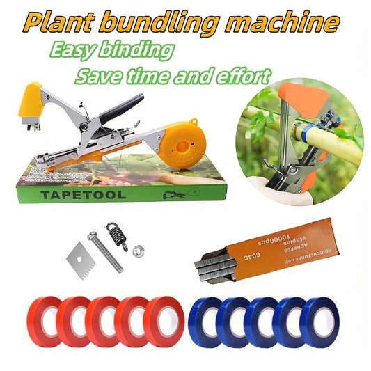 Yellow agricultural tool set includes a plant tying machine for vine, grape, cucumber, eggplant and vegetables. It is widely used, easy to use, time-saving and labor-saving, making it a