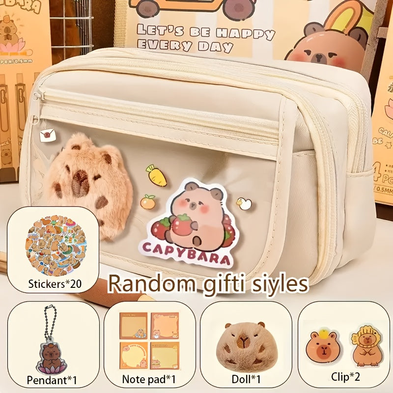 6-piece Capybara pencil case set with zipper, includes canvas bag, transparent storage box with compartment, doll, stickers, clips, and notepad.