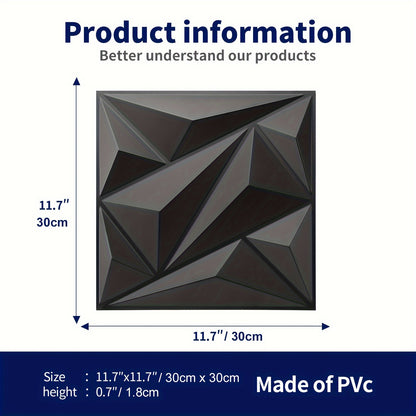 33 PVC 3D Diamond Wall Panels measuring 11.7" x 11.7" for interior wall decor in various rooms and settings.