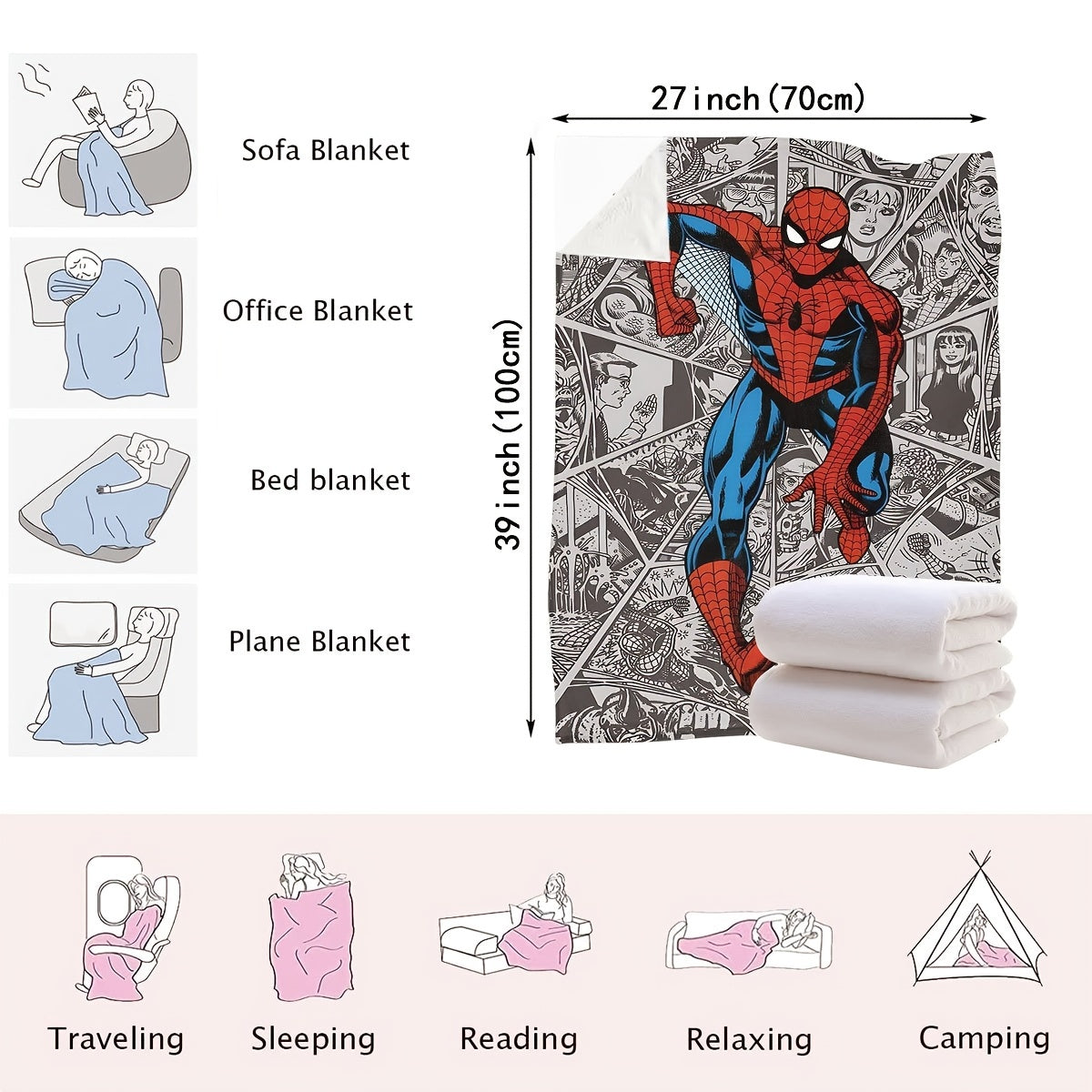 This multi-functional blanket features a vibrant 2024 New Dynamic Spider-Man City Chase comic book page pattern, digitally printed on plush cover material. Perfect for use during nap time, office lunch breaks, on the sofa, in the car, or while traveling.