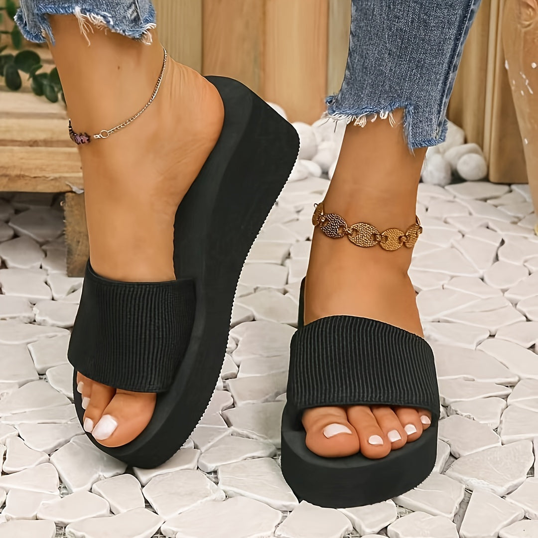 Chiwei Black Slide Sandals - Trendy Thick Sole, Open-Toe Design for Women and Couples. Comfortable EVA Material, Ideal for Indoor & Outdoor Use. Perfect for Students and Home Wear in Summer