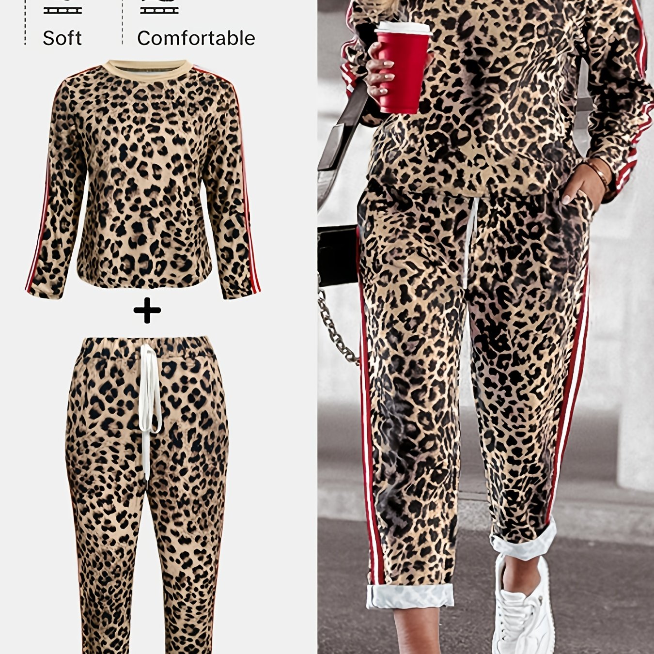 Plus size leopard print two-piece set with soft knit top and pants, drawstring waist, casual style, stretchy fabric.