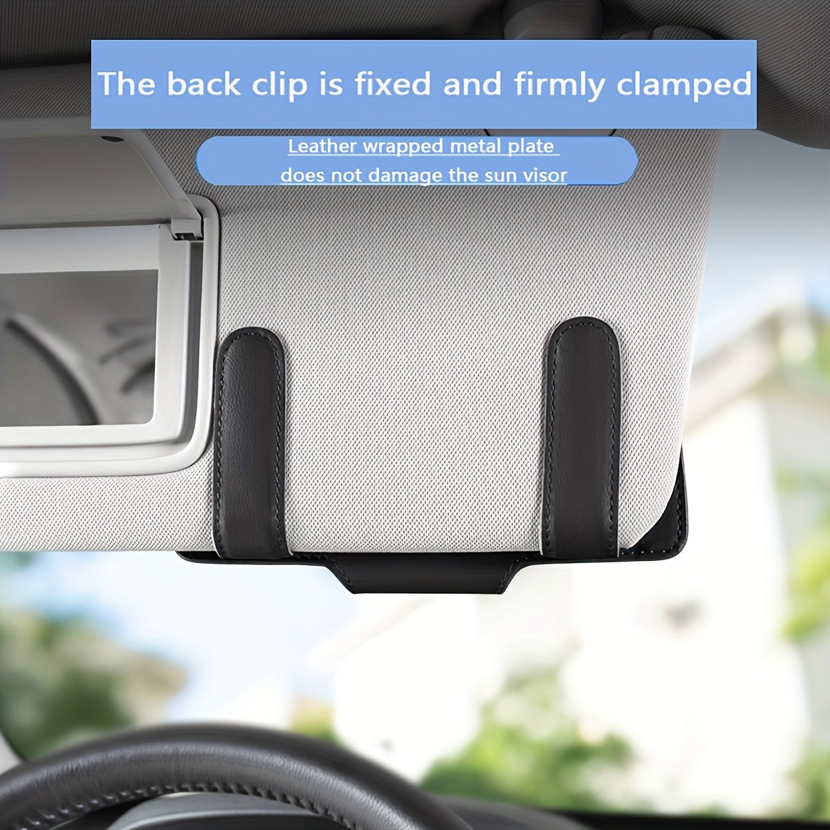 Car visor glasses holder with magnetic closure, PU leather eyeglasses storage clip, vehicle sun visor organizer with strong adsorption.