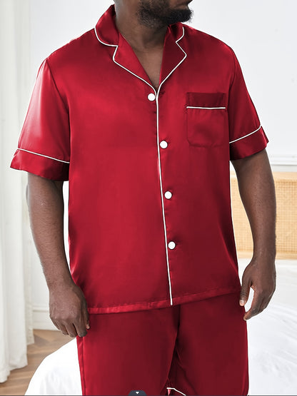 2-piece casual V-neck shirt and shorts set for plus size men, perfect silky pajamas for home comfort.