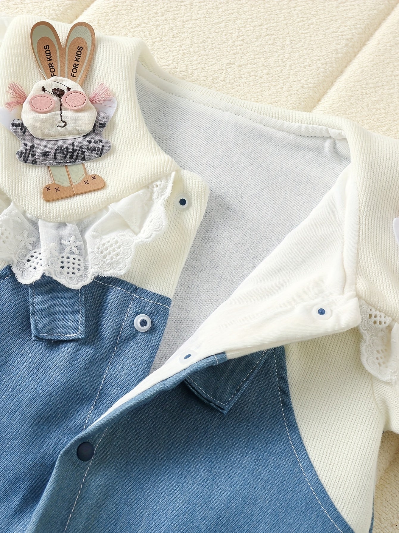 Qidan's Rabbit Doll Collar Denim Romper, perfect for outdoor wear