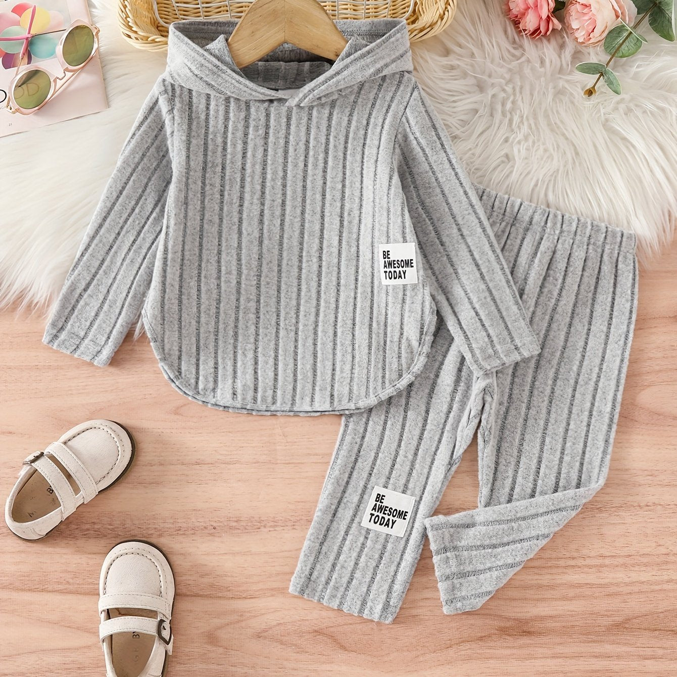 Cozy striped print outfit for baby girls, perfect for outdoor activities