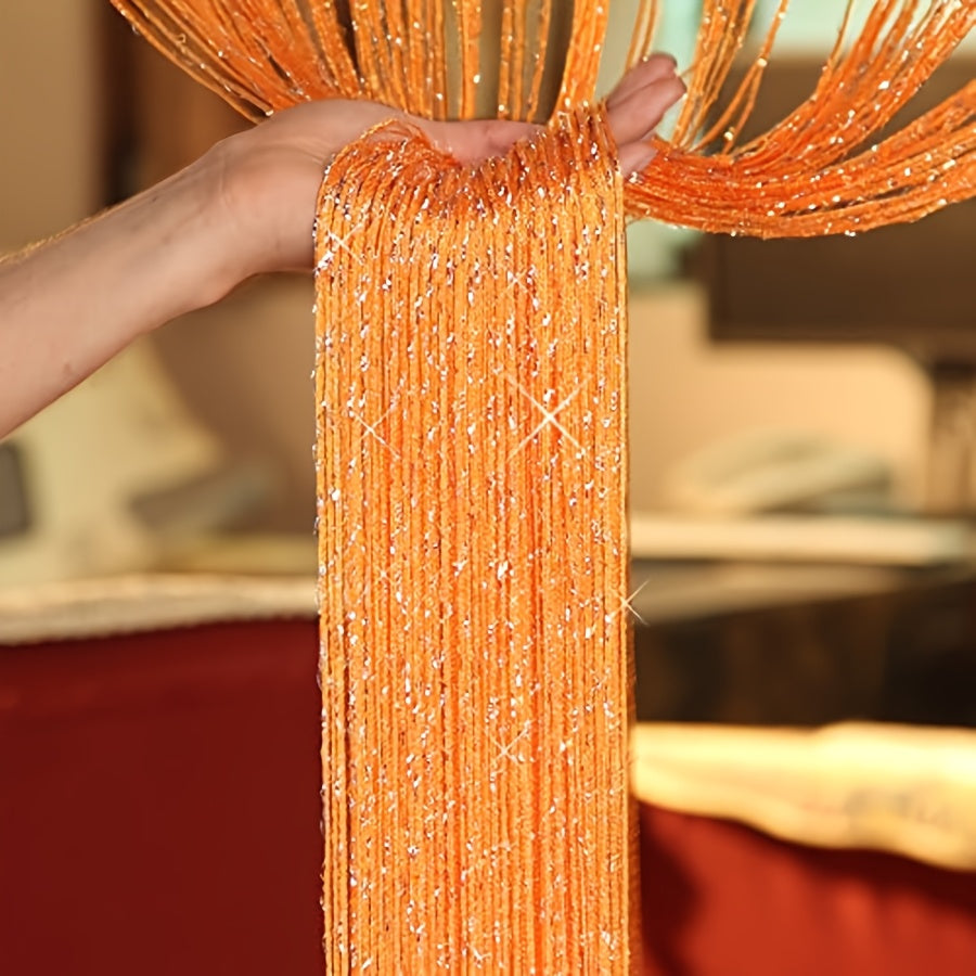 Elegant orange & yellow beaded curtain made of sheer polyester, ideal for door hanging with rod pocket. Perfect for living room, bedroom, wedding entrance, cafe window decor.