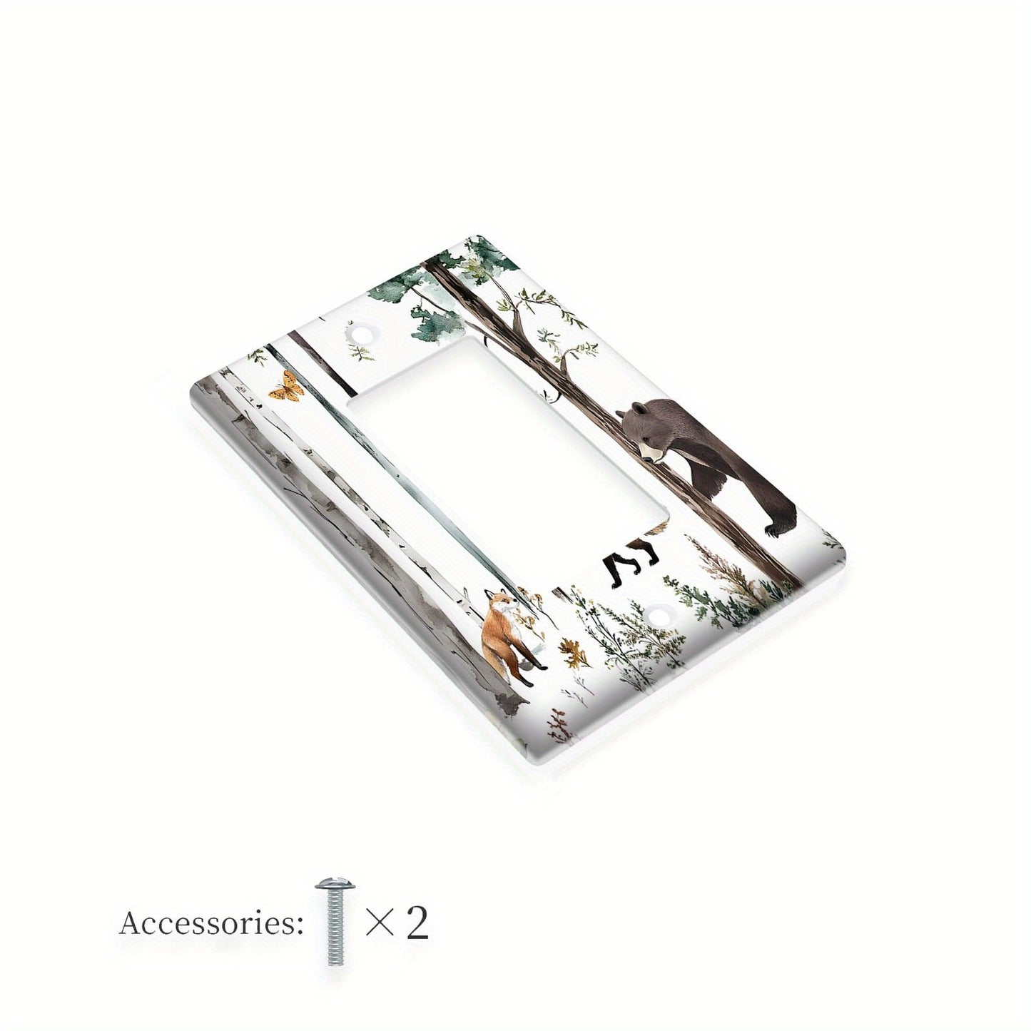 Forest-inspired switch cover with wildlife designs (bear, moose, deer, fox) for home décor.