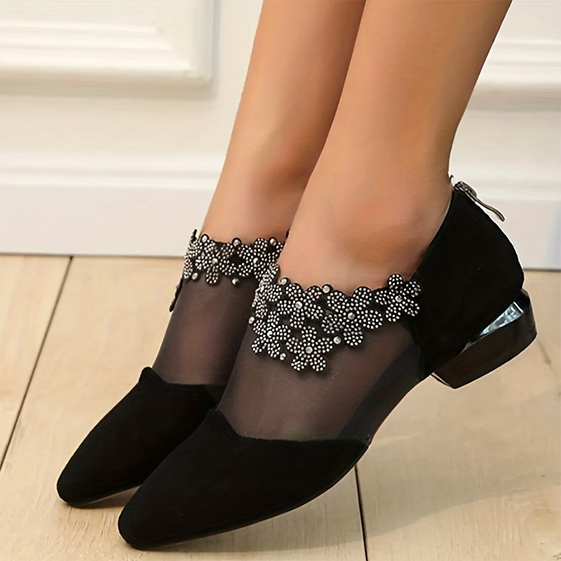 Rhinestone mesh low heels with pointed toe, back zipper, and chunky heel sandals.