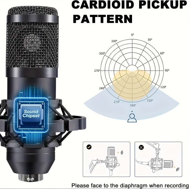 Podcast equipment set with BM-800 microphone, V8s+ sound card, and condenser microphone for laptop vlog live streaming.