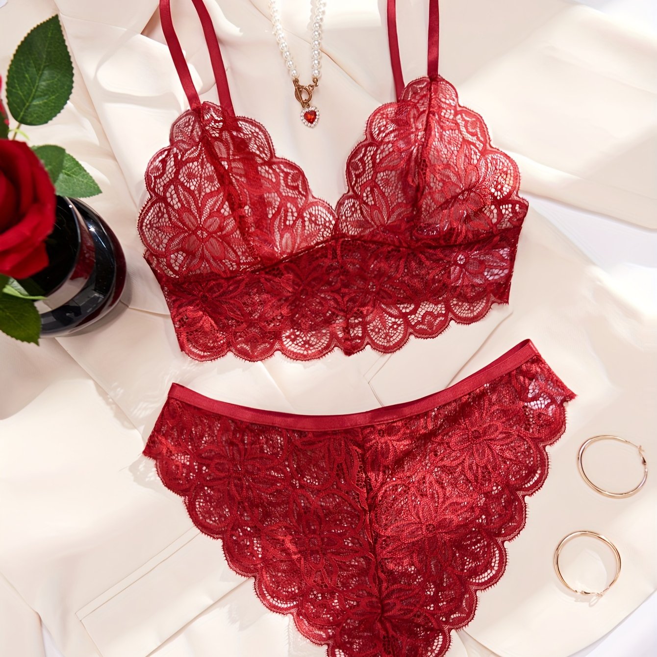 Women's sexy floral lace lingerie set with scallop trim bra and cut out panties.