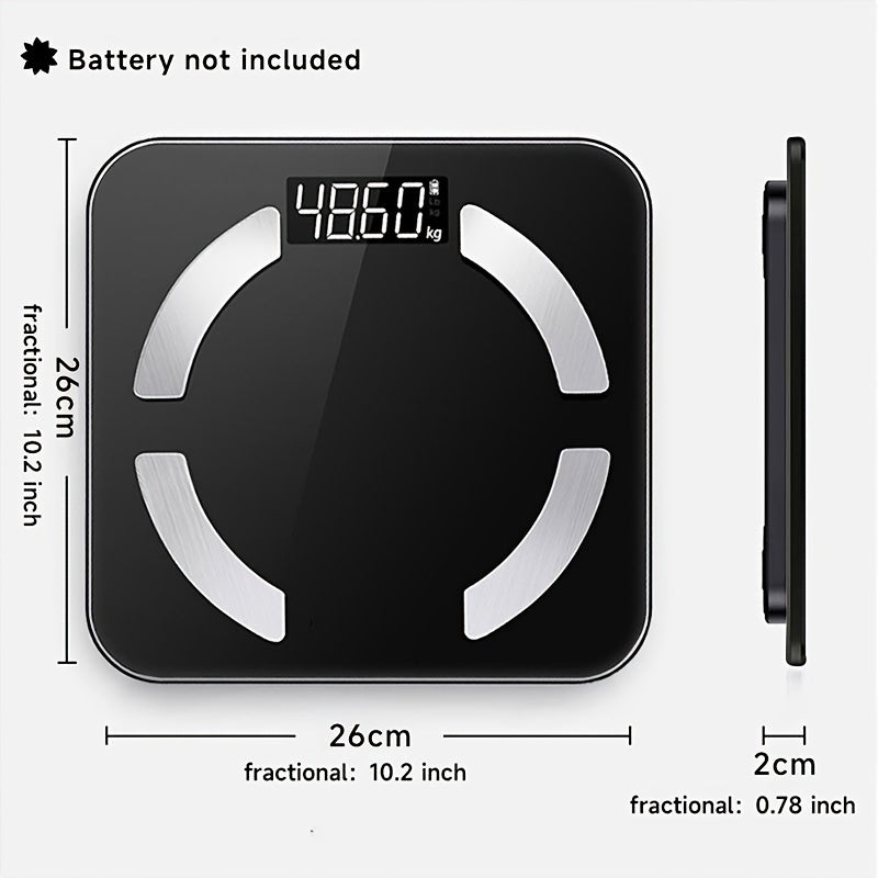 Digital bathroom scale with LCD display, 181.44 KG capacity, body analysis, muscle & moisture, mobile app connectivity, battery powered (batteries not included).