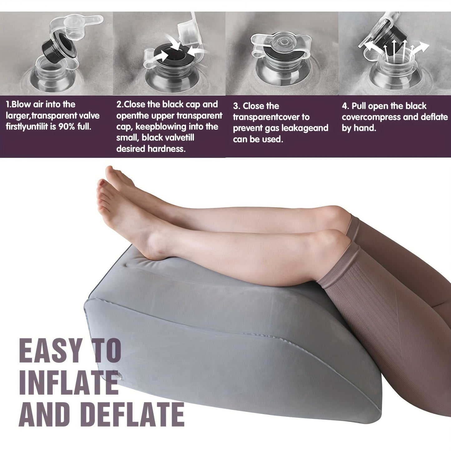 Elevate your legs with the Inflatable Leg Elevation Pillow to improve circulation and reduce swelling. This pillow is stain-resistant, with a medium soft firmness and non-textile cover. Ideal for post-surgery recovery, knee, and back pain relief. Spot