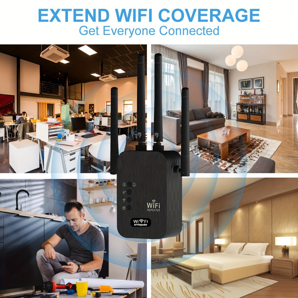 2024 WiFi booster with 6x strength, 1200Mbps, dual bands, 8500 sq ft coverage, supports 35 devices, 4 modes, easy setup, 4 antennas, Ethernet port