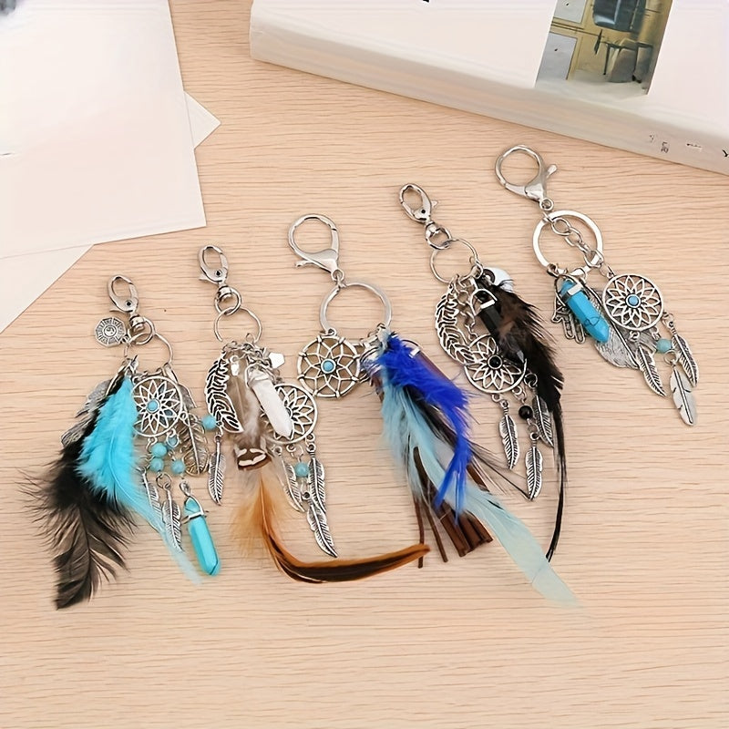 Black Metal Feather & Tassel Charm Boho Dream Catcher Keychain for Bags and Keys - Ideal Valentine's Day Present, Bag Accessory, or Car Pendant