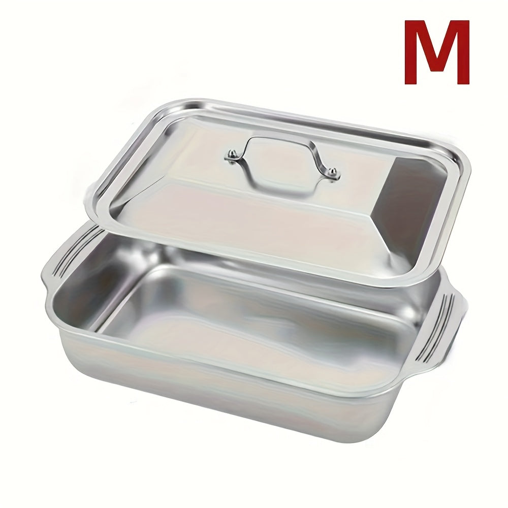 Stainless steel baking pan set with lid, non-stick, versatile for desserts, bread, BBQ and more. Heat resistant, easy to clean, includes rectangular baking trays, seafood trays, dinner