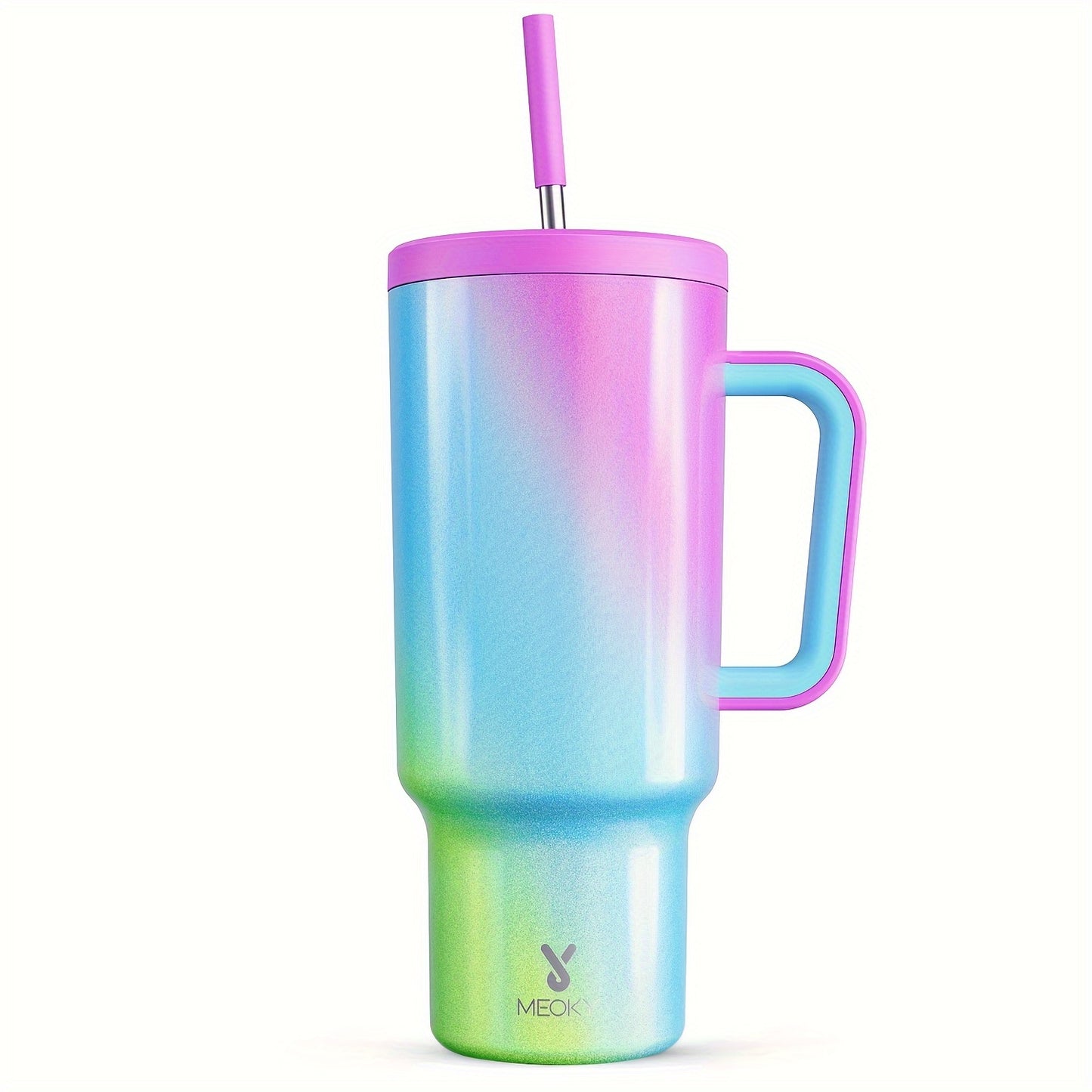 MEOKY 40oz Stainless Steel Tumbler with Lid, Straw, and Handle, Insulated, Leak Proof, BPA Free, Hand Wash Only, Perfect for Outdoor Activities.