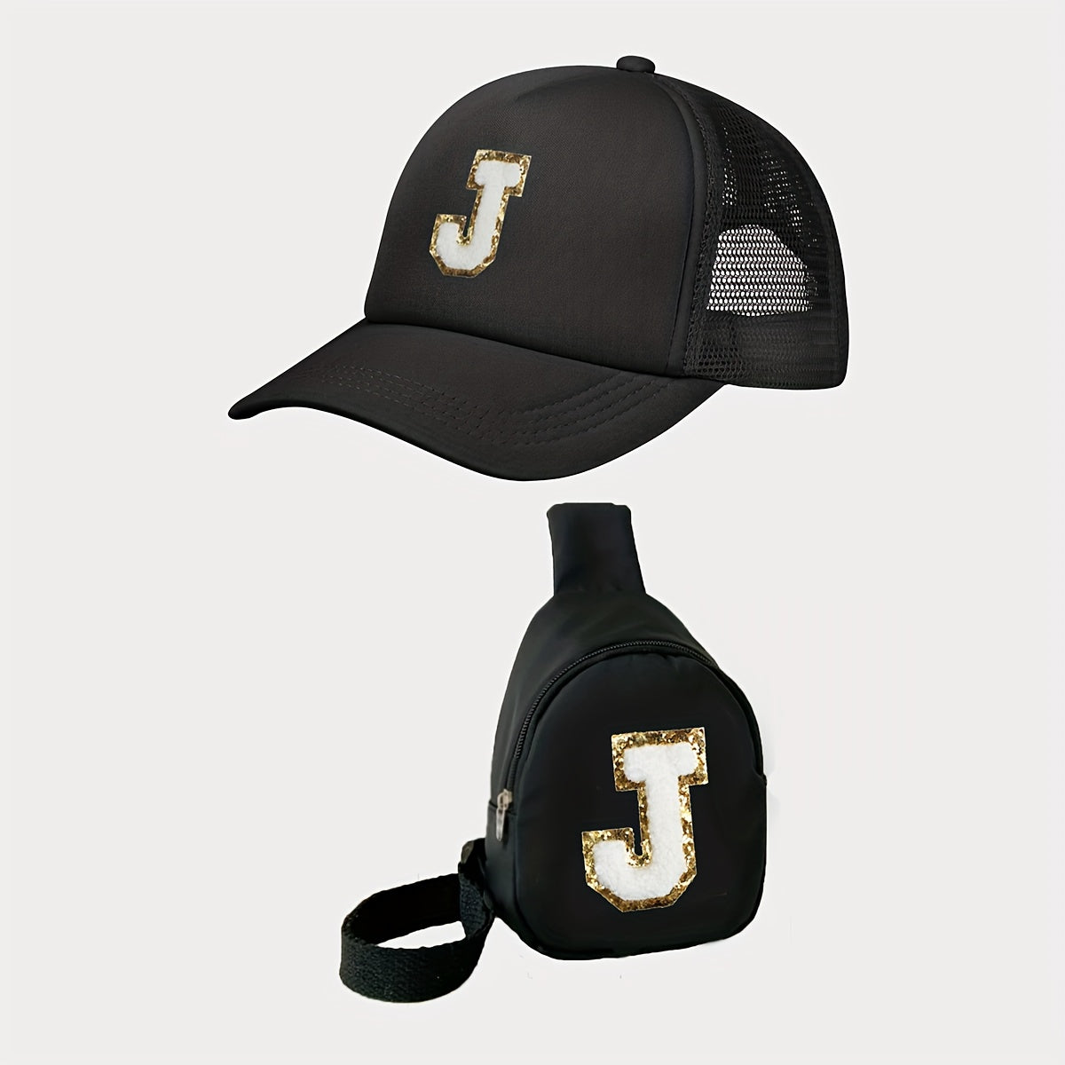 Children's Alphabet Baseball Cap and Shoulder Bag Set made of polyester material with a breathable, season-neutral design. Features a fitted cap with a buckle closure suitable for daily and