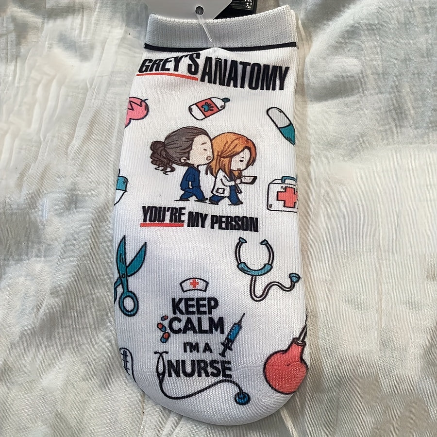 Whimsical cartoon nurse socks with Grey's Anatomy inspired designs, perfect for medical professionals and students. Made of soft polyester blend. Ideal gift for graduation or work