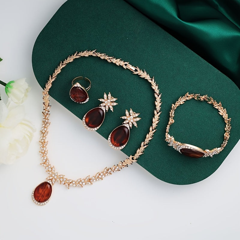 Experience luxury with our 18K Gold Plated Alloy Jewelry Set adorned with sparkling rhinestones. This 4-piece set oozes elegance and is perfect for your vacation outfits. Ideal for weddings, gifts, and Valentine's Day, our Gold Plated Bridal Party Sets