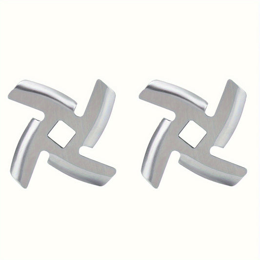 Set of two stainless steel meat grinder blades, designed as replacement cutting parts for kitchen mixer accessories.