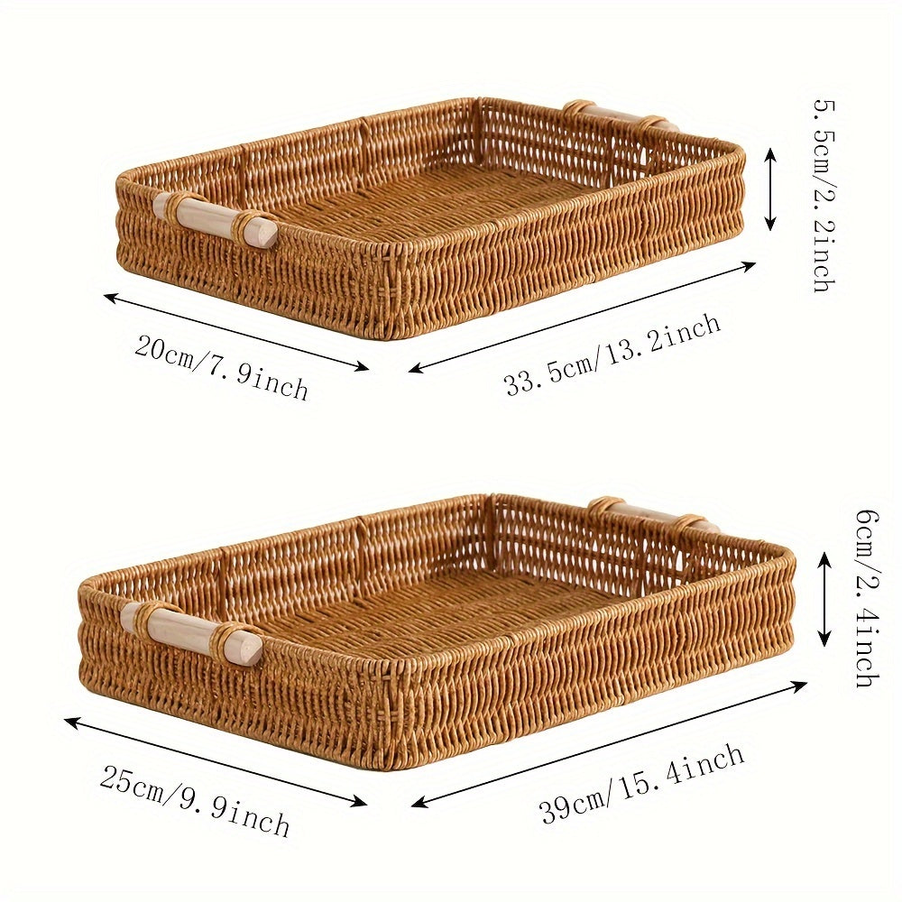 1 piece Woven Rattan Storage Basket with Wooden Handles, Modern Rectangular Tray, Stackable, for Various Uses in Home or Hotel.