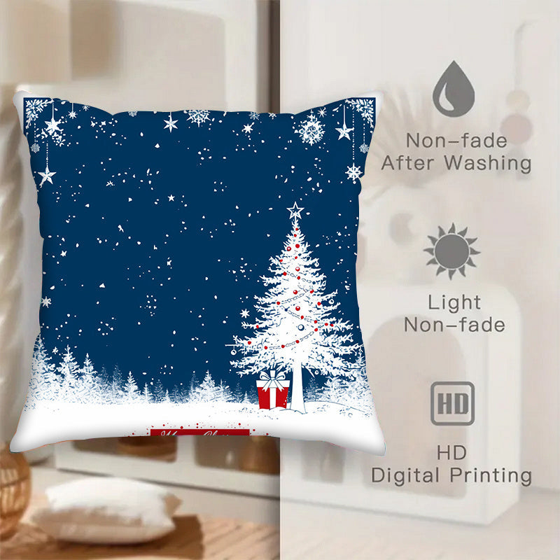 Two pieces of Blue Merry Christmas throw pillow covers, measuring 45.72x45.72 cm each. Made of soft polyester fabric, these square cushion cases are suitable for the living room, bedroom, or car. Pillow cores are not included, and the covers are machine