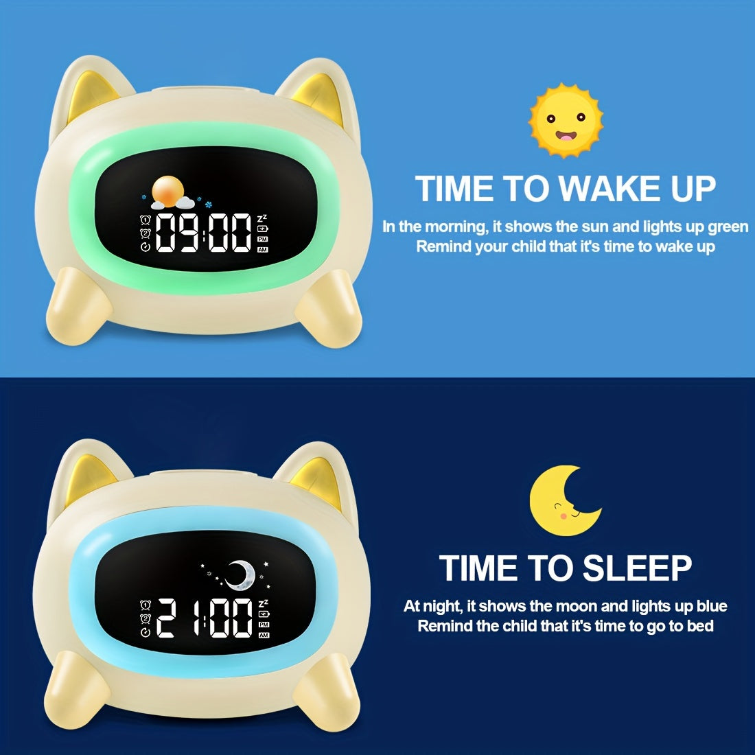 Yellow cartoon animal alarm clock for ages 3-8 with round shape and white finish. USB rechargeable with 1800mAh lithium battery. Includes ok to wake feature, multicolor night light, and white noise sleep melodies.