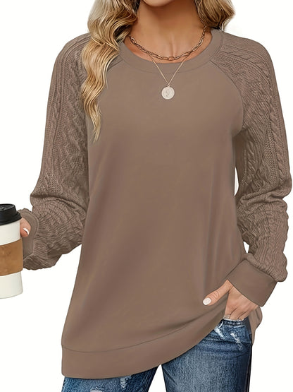 Womens' casual brown cable knit sweater with long sleeves, round neck, stretchy polyester blend. Machine washable and cozy.