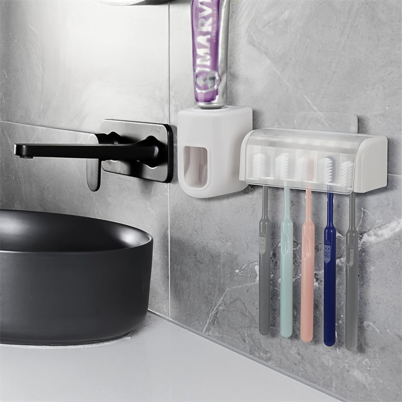 Wall-mounted toothbrush and toothpaste holder that saves space, requires no punching for installation, and is easy to install in the bathroom.