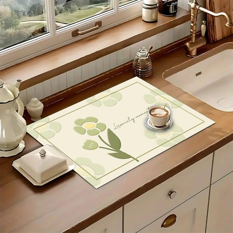 Floral Pattern Polyester Drying Mat for Kitchen, Absorbent and Multipurpose - Ideal for Dish Draining, Coffee Machine, Countertop Protection, and Bathroom Use.