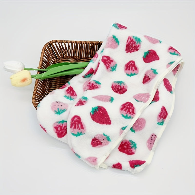 1pc Ultra-absorbent Strawberry Pattern Hair Drying Cap for Women made of soft coral fleece material. Specifically designed for quick-drying and frizz control, also doubles as a cute bathroom accessory.