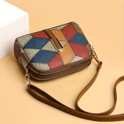 Colorblock crossbody bag featuring a retro rhombus pattern, ideal as a fashion shoulder bag for women.