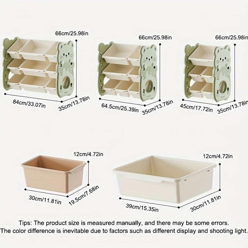 3-tier storage organizer with bins for toys, books, and clothes. Ideal for playroom and bedroom.