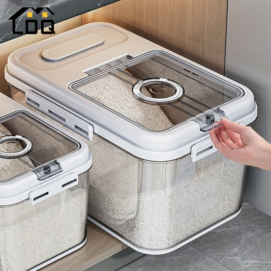 Large-capacity airtight rice and cereal dispenser made of durable PET material. Moisture-proof and insect-proof with a transparent design for easy content viewing. Ideal for kitchen storage