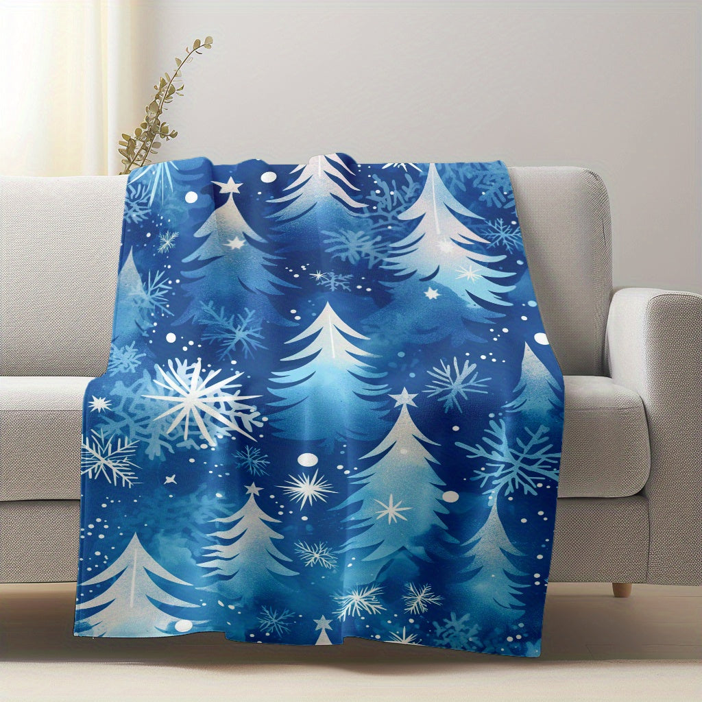 This modern blue snowflake and pine tree pattern flannel blanket is perfect for winter dreams. It's lightweight, plush, and comfortable, making it ideal for snuggling up on the sofa or taking a nap at the office. This versatile blanket is also great for